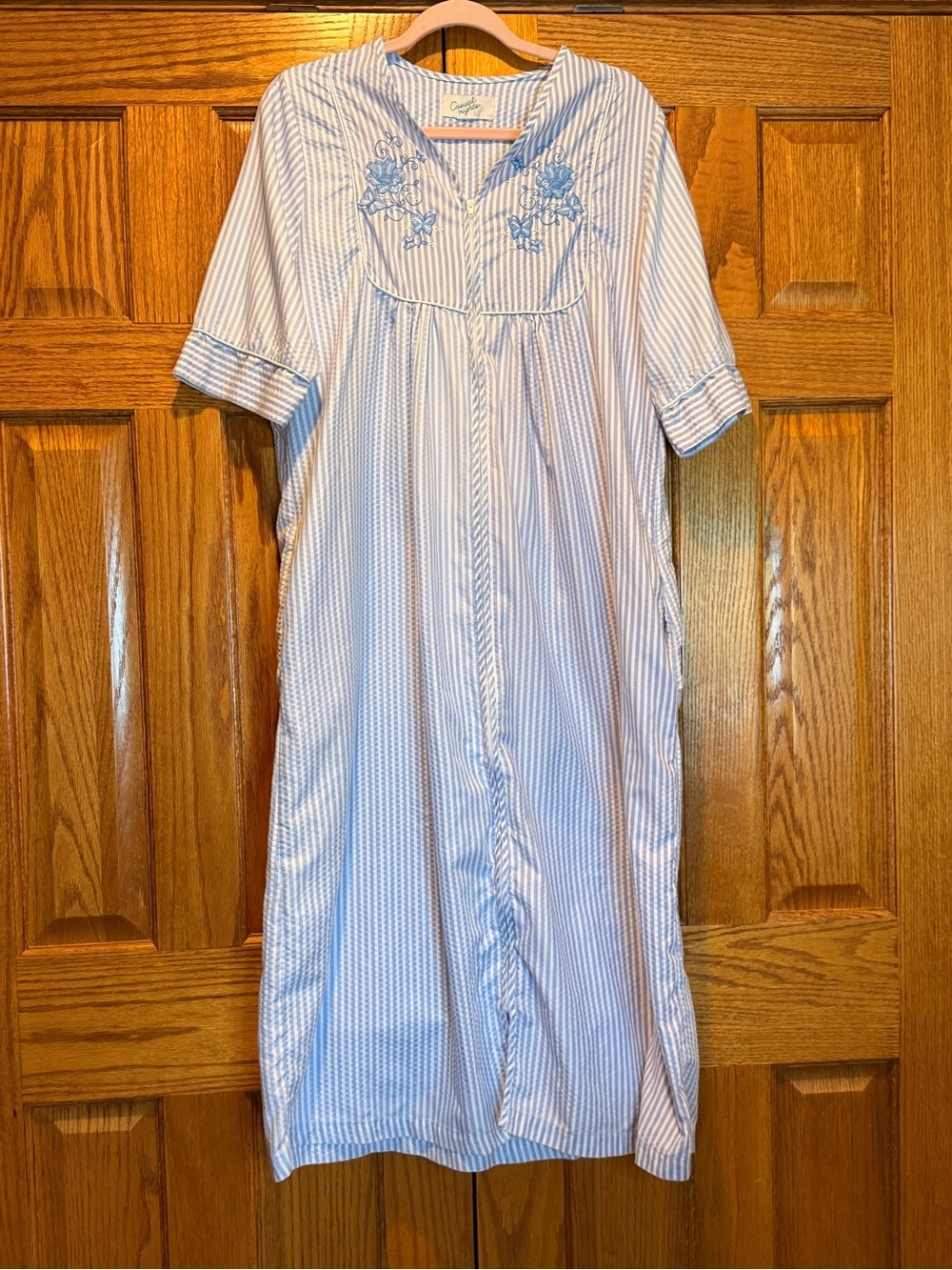 Casual Nights Embroidered Cotton Nightgown - Light Blue Stripes